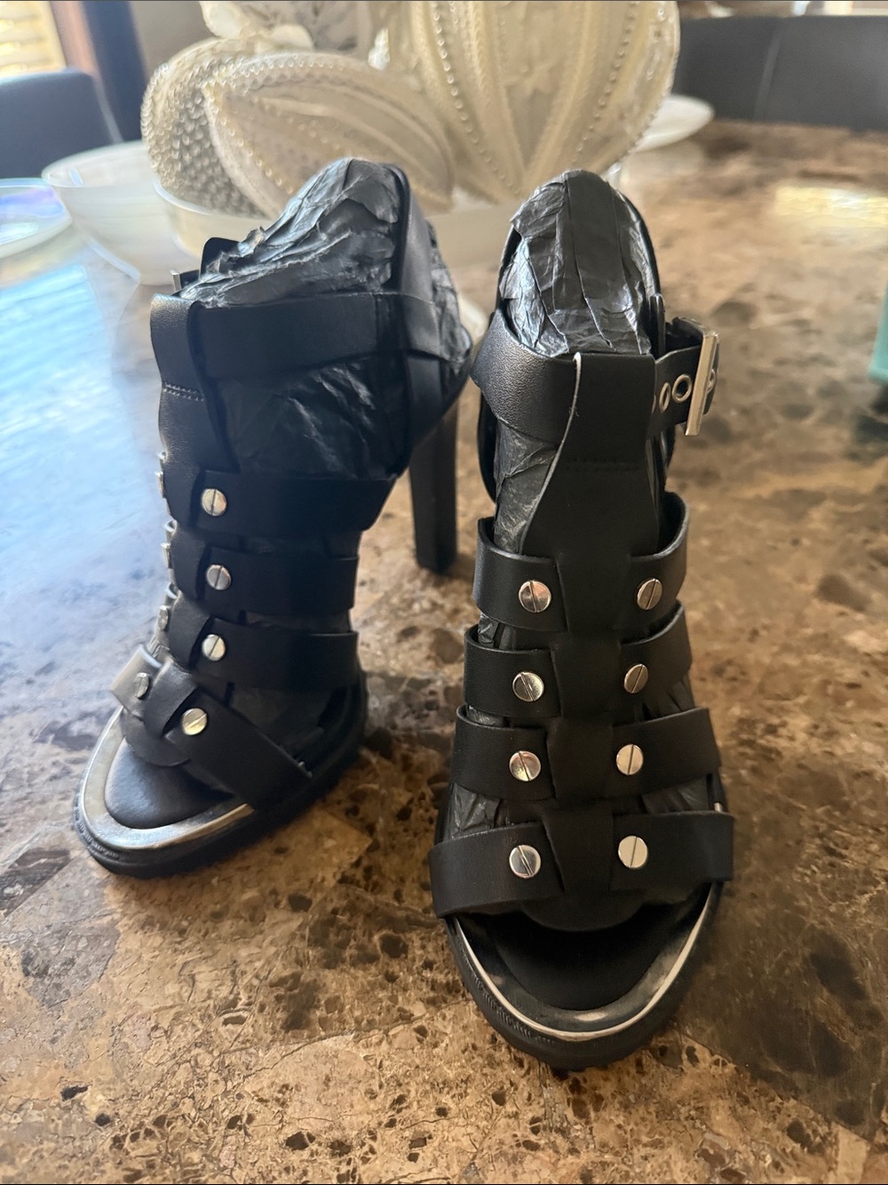 DKNY Black Studded Strappy High Heel Sandals